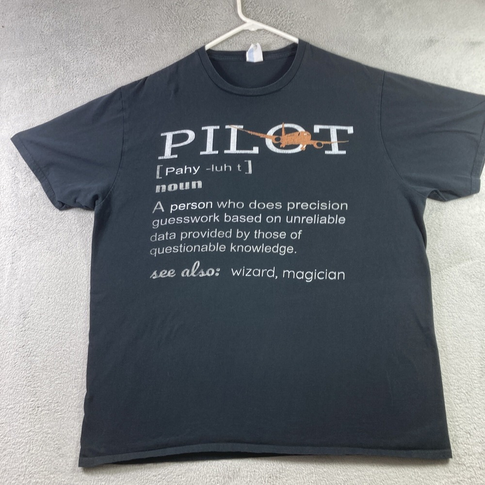 PILOT Shirt Adult XL Black Graphic Tee Magician Wizard Aircraft Airplane